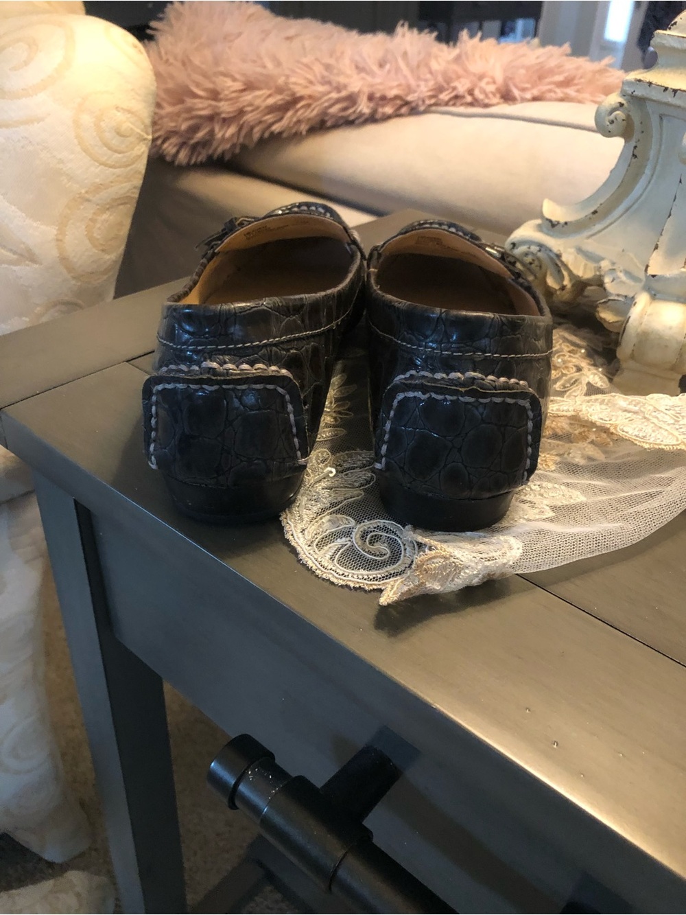 Naturalizer Slate grey/black Croc-Embossed Leather Loafers with Silver Buckle - Picture 3 of 5